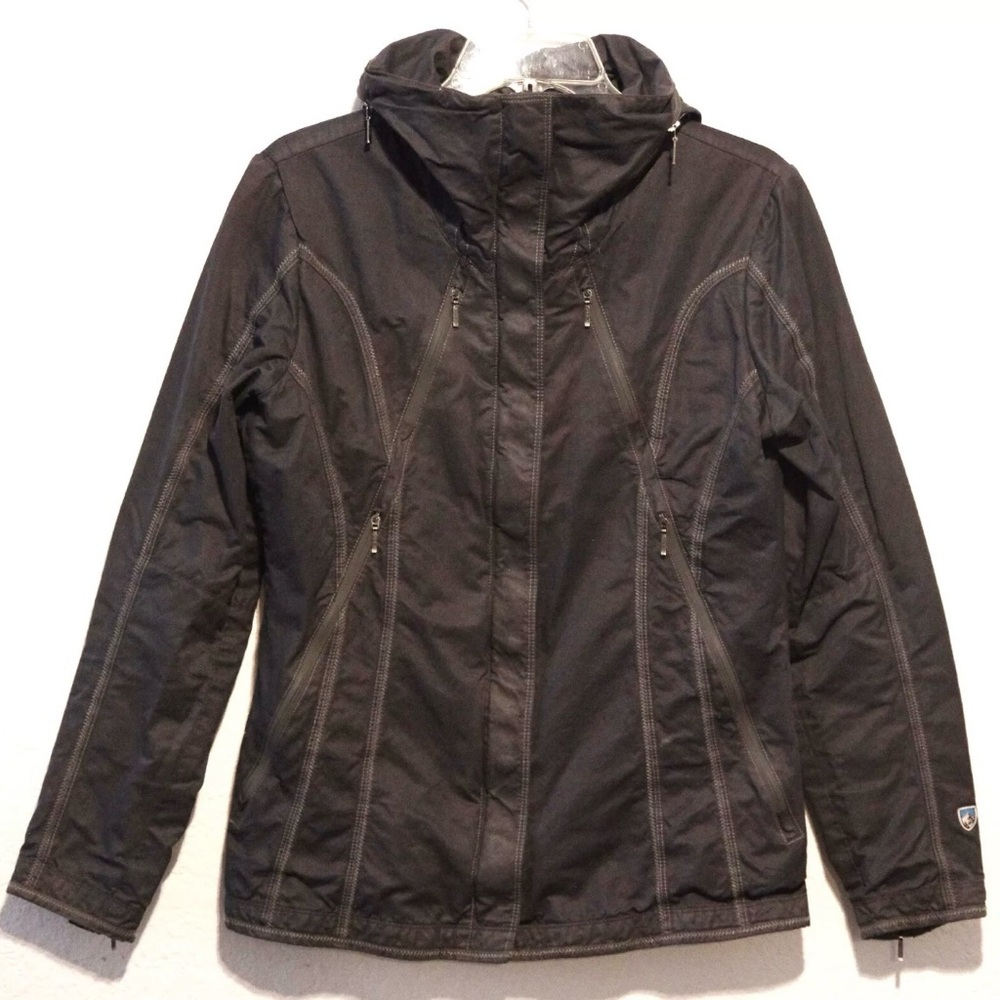 Kuhl Lena Hooded Trench Coat Jacket Women's Medium Gray Waxed Water Resistant